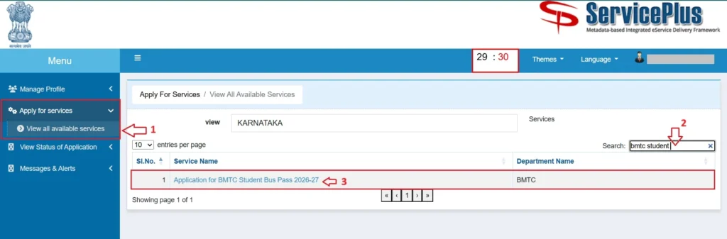 bmtc student bus pass application 2026-27 in seva sindhu
